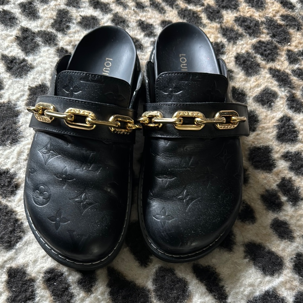 Louis Vuitton Black Mules with Gold Chain Accent